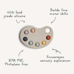 Mushie Paint Palette Press Toy easy to clean with warm soapy water.