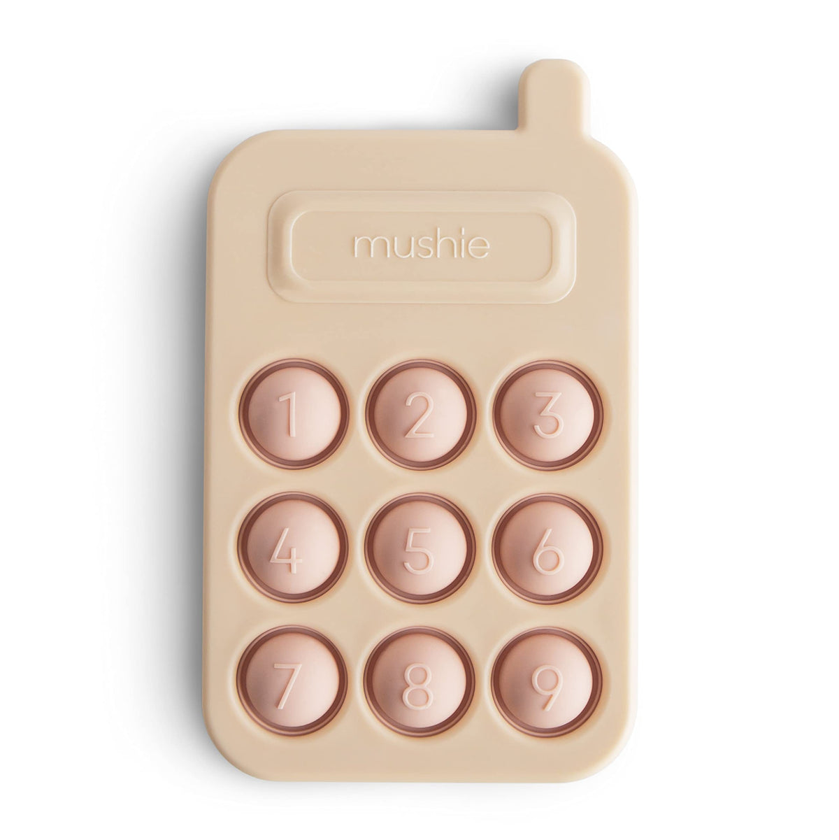 Mushie Phone Press Toy Blush close-up with popping bubbles for fine motor play