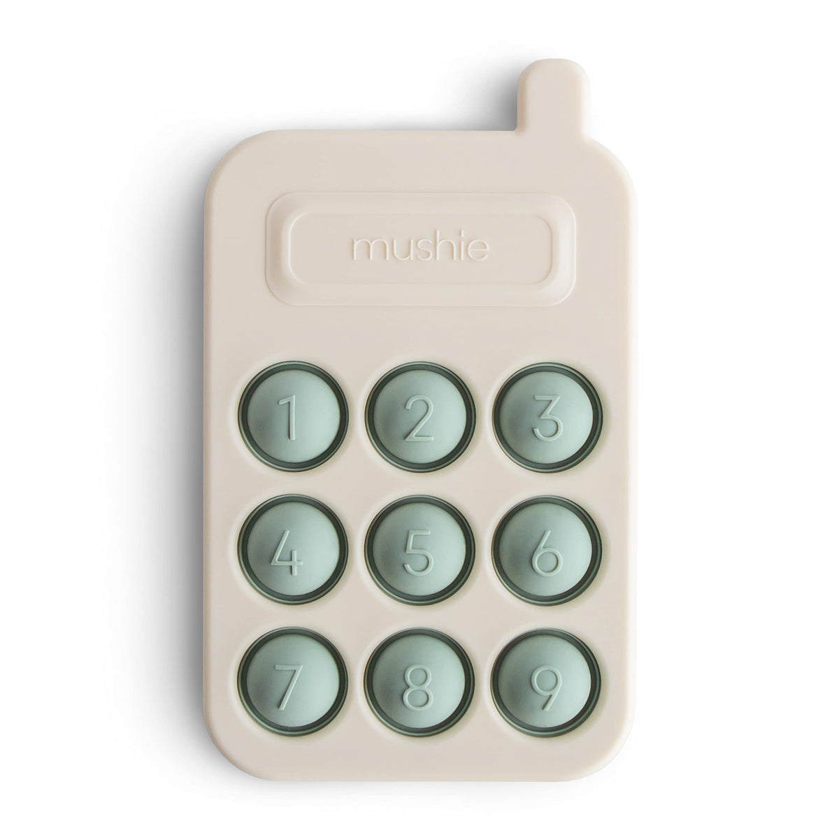 Mushie Phone Press Toy Cambridge Blue shows bubbles for sensory exploration.