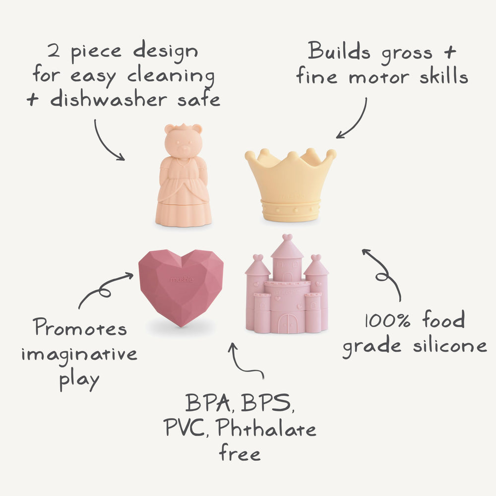 Mushie Princess bath toy set provides four colorful pieces for imaginative water play.