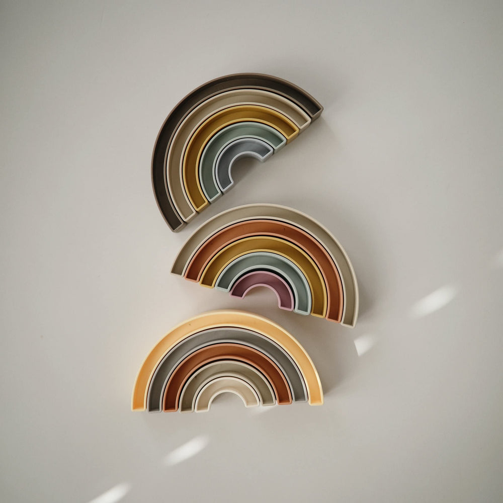 Mushie rainbow stacker colors, tropical hues help with color recognition and sorting.