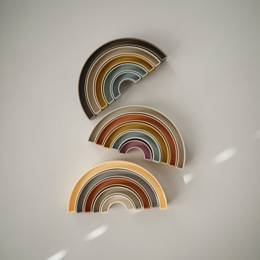 Mushie rainbow stacker colors, tropical hues help with color recognition and sorting.
