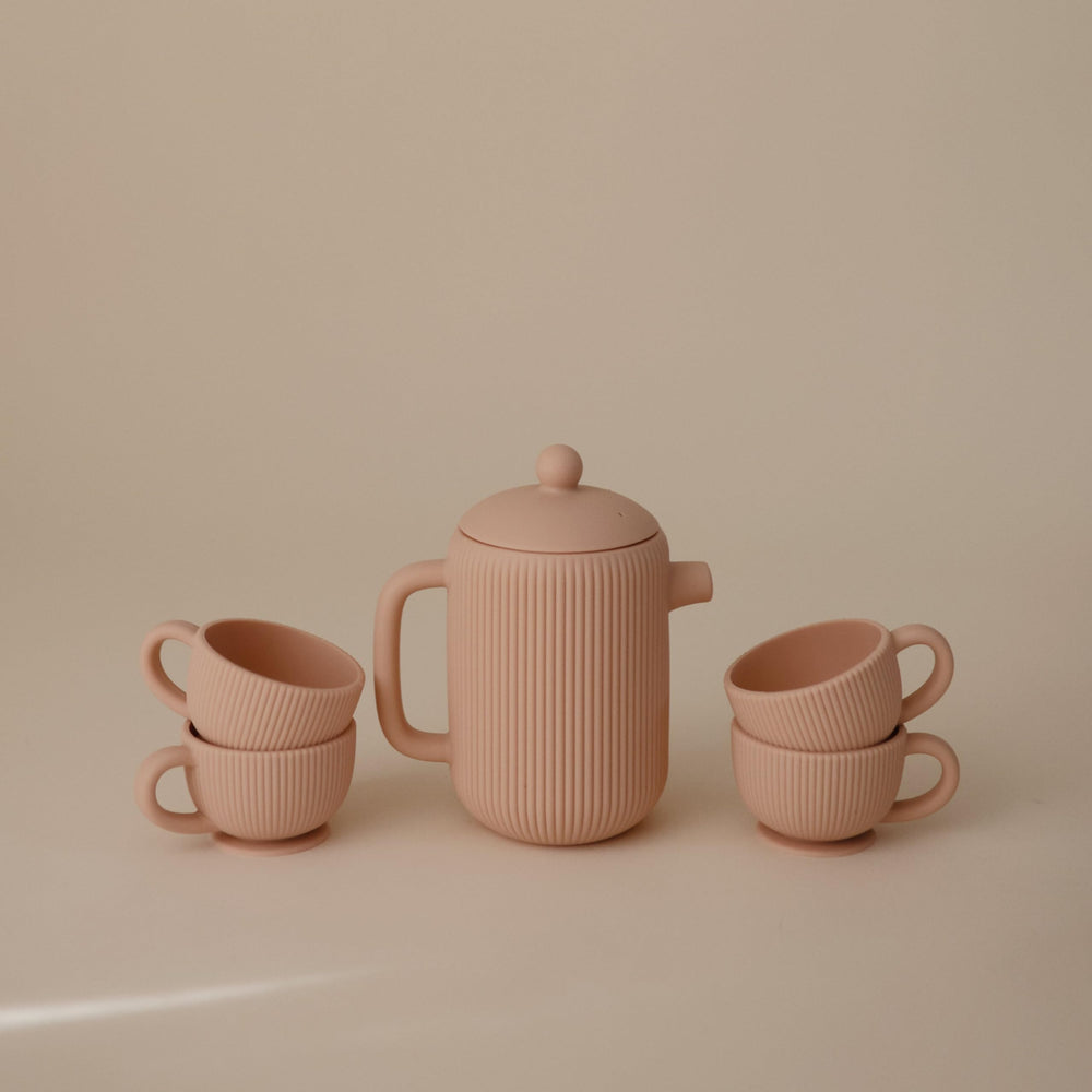 Mushie silicone baby tea play set three cups ready for cooperative pretend play