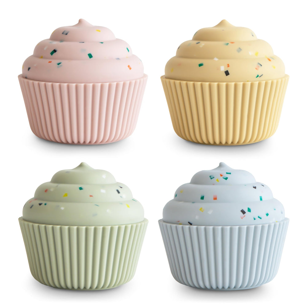 Mushie silicone mix-and-match cupcake toy pack close-up for safe sensory play
