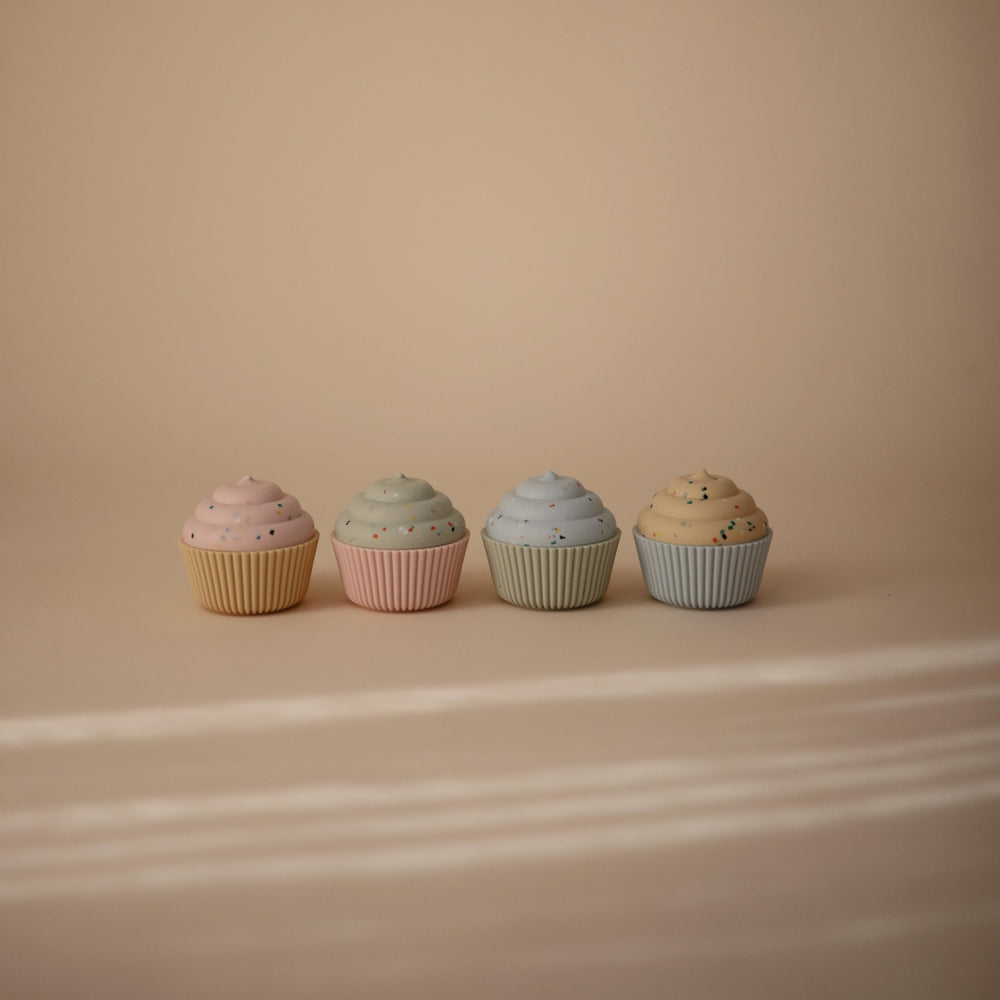 Mushie silicone mix-and-match cupcake toy pack vibrant colors promote tactile exploration