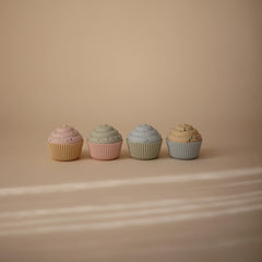 Mushie silicone mix-and-match cupcake toy pack vibrant colors promote tactile exploration