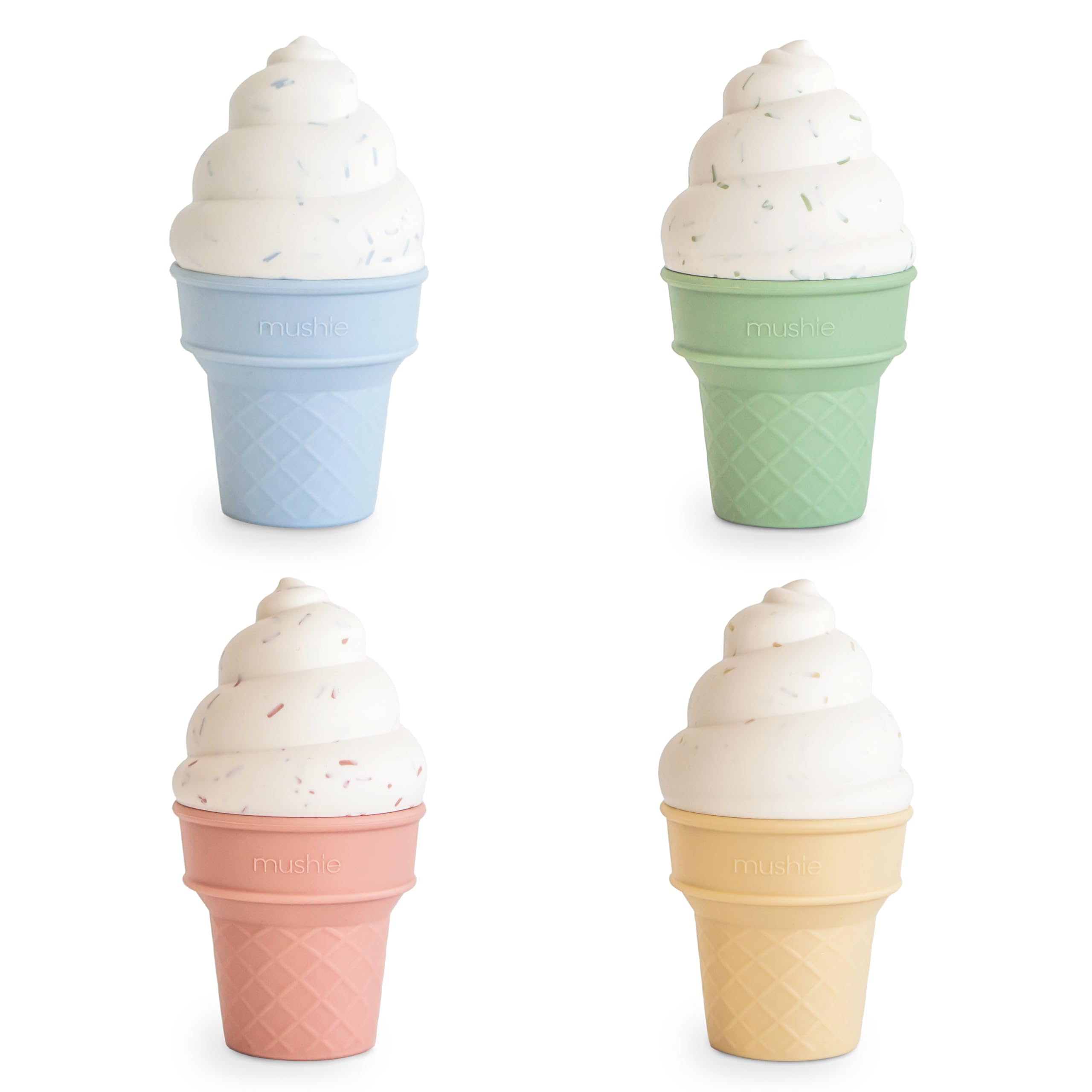 Mushie silicone ice cream four-pack, front view, safe sensory play.
