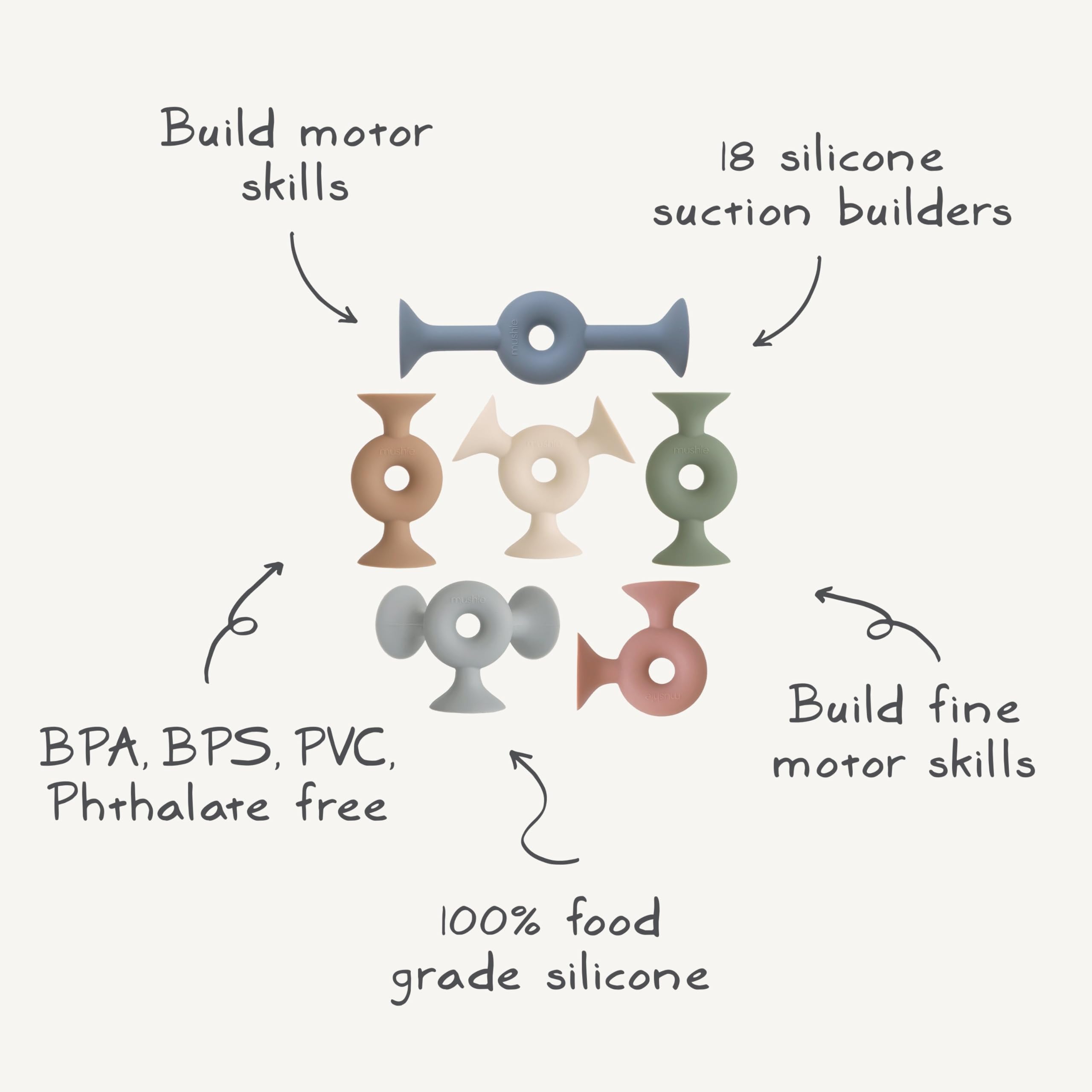 Mushie silicone pieces stackable and connectable for building and sensory exploration