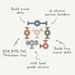 Mushie silicone pieces stackable and connectable for building and sensory exploration