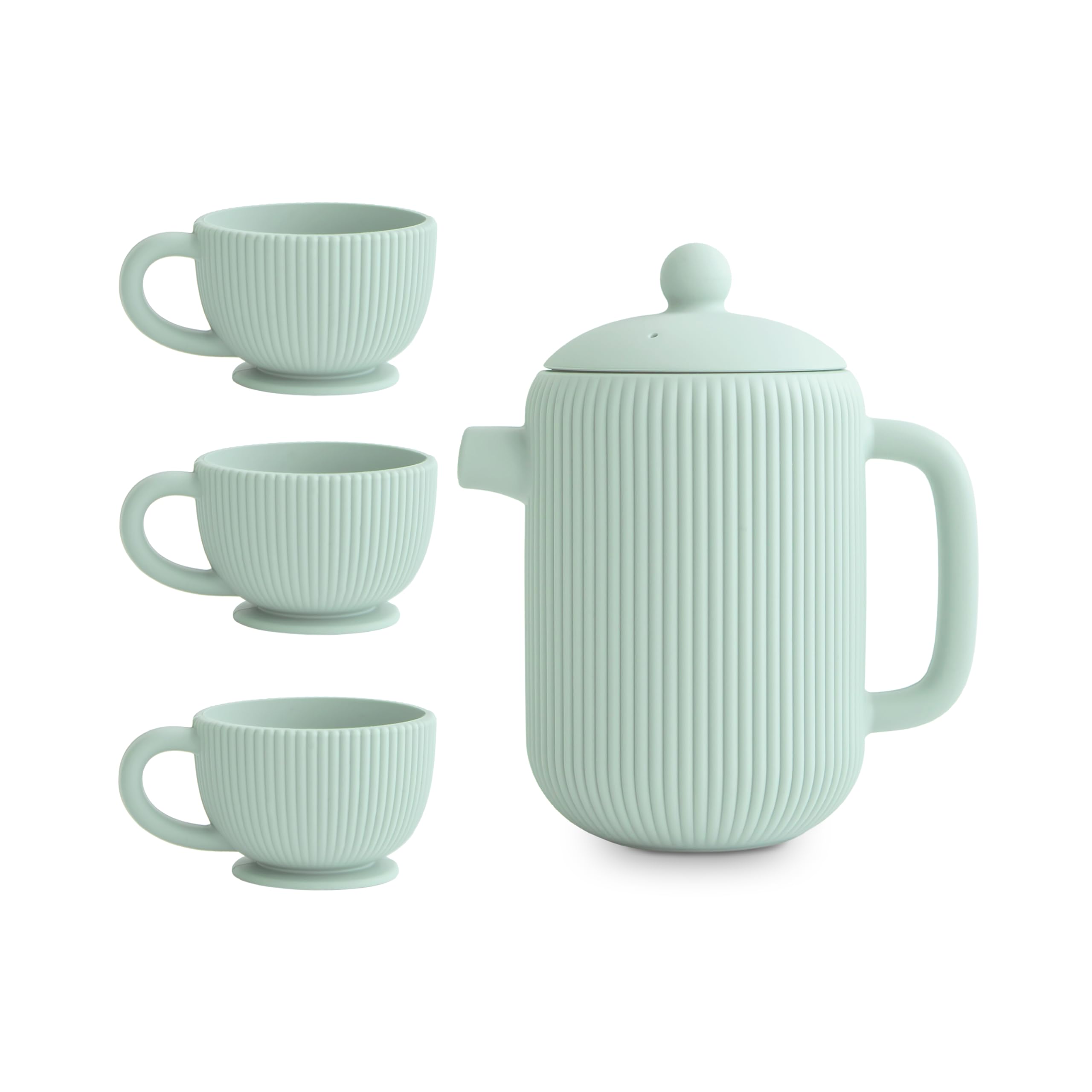 Mushie silicone tea pot with lid for safe, imaginative tea time.