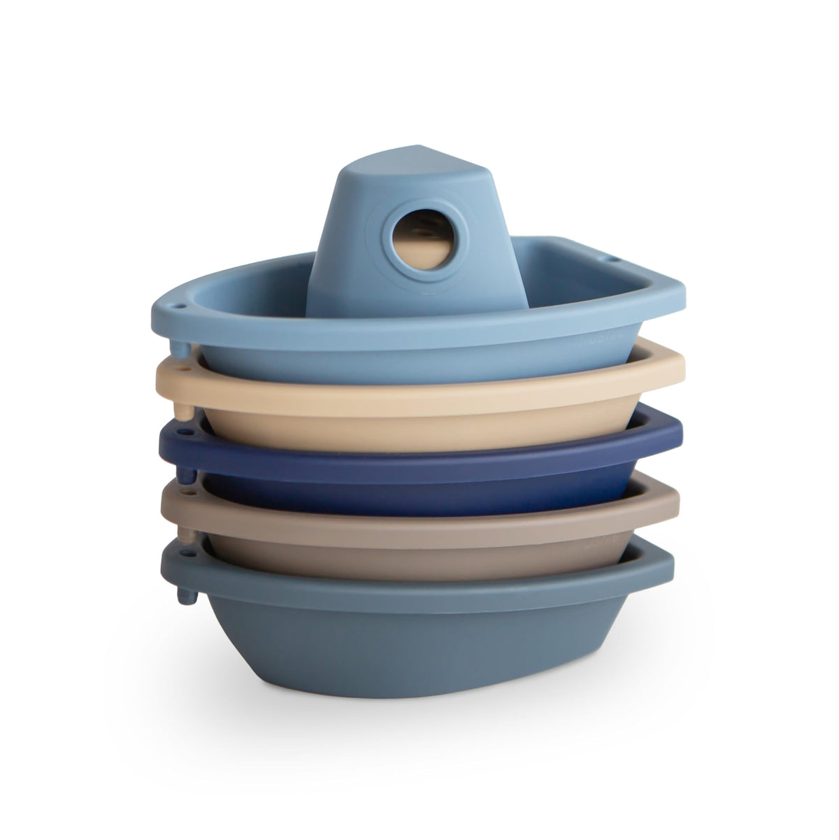 Mushie Stackable Bath Boats Ocean in a colorful bath time train for imaginative play.