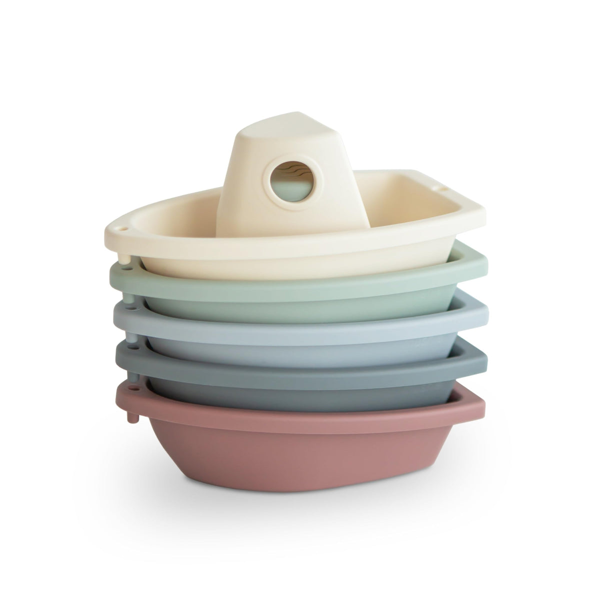 Mushie stackable bath boats train for imaginative bath play.
