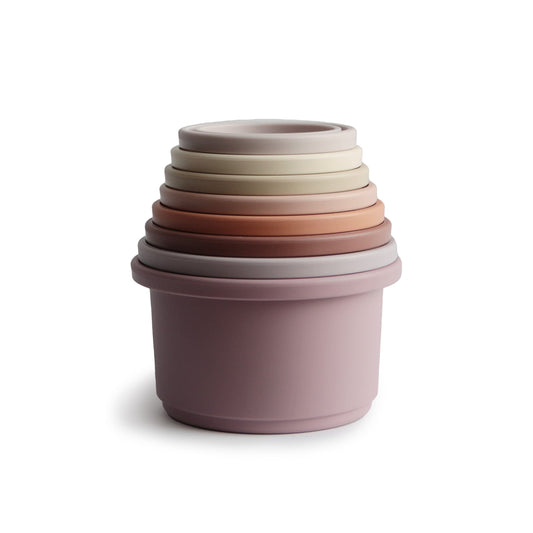 Mushie 8pc Petal cups open stack layout showcasing colors.