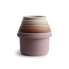 Mushie 8pc Petal cups open stack layout showcasing colors.