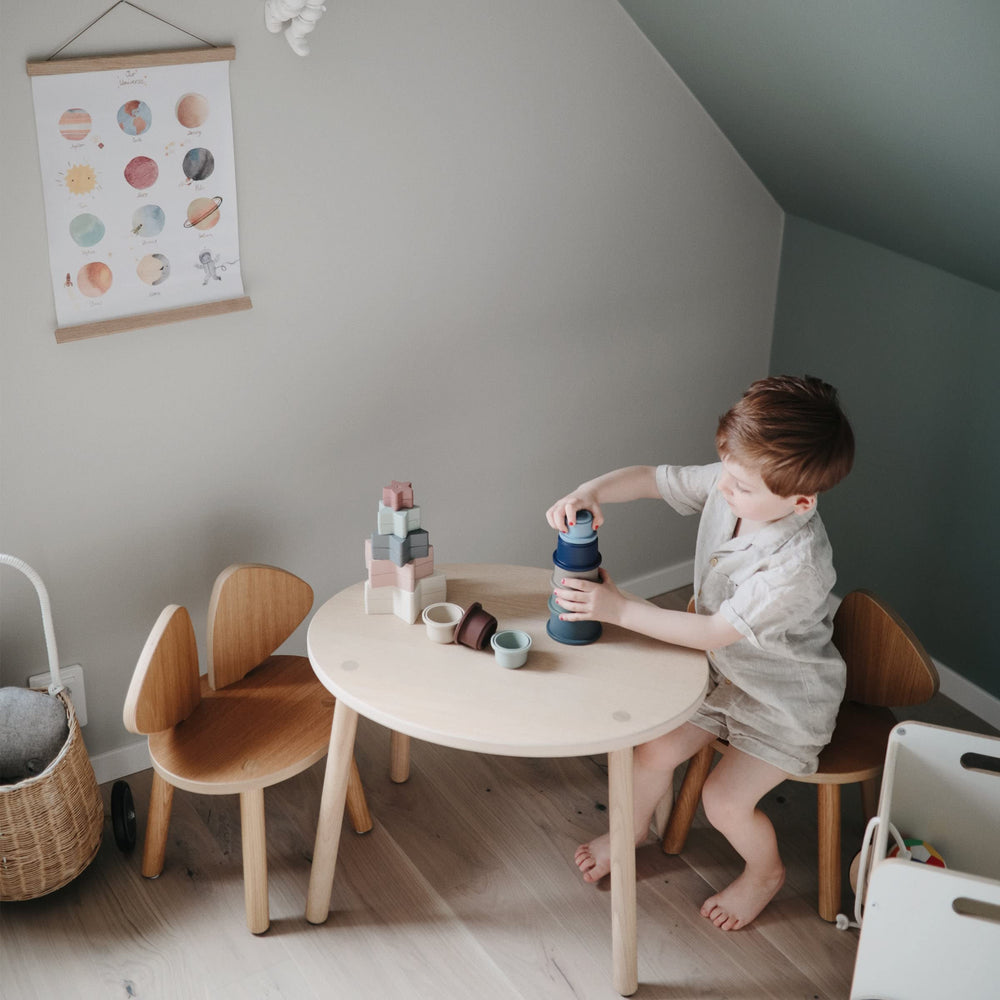 Mushie stacking cups forest packaging: ready-to-gift set with safe, non-toxic materials.