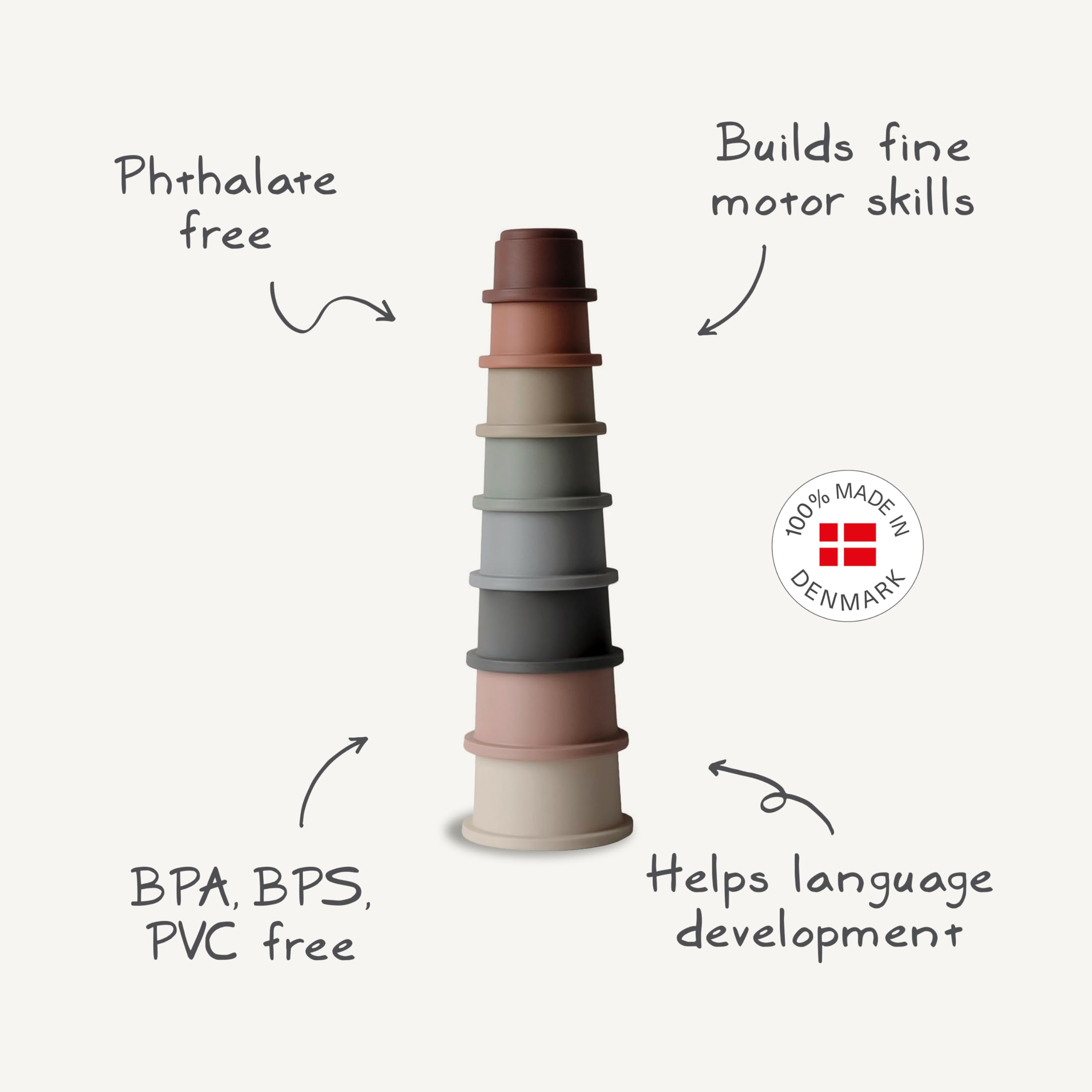Mushie stacking cups forest tabletop play: enhances early playtime through shape and size differentiation.