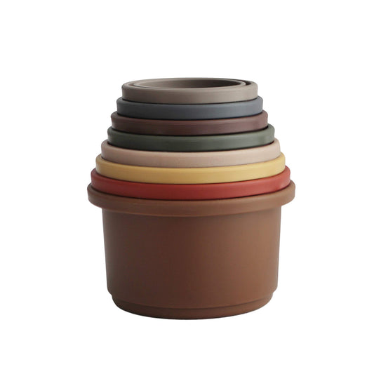 Mushie Stacking Cups Toy closeup colors promotes color recognition during play