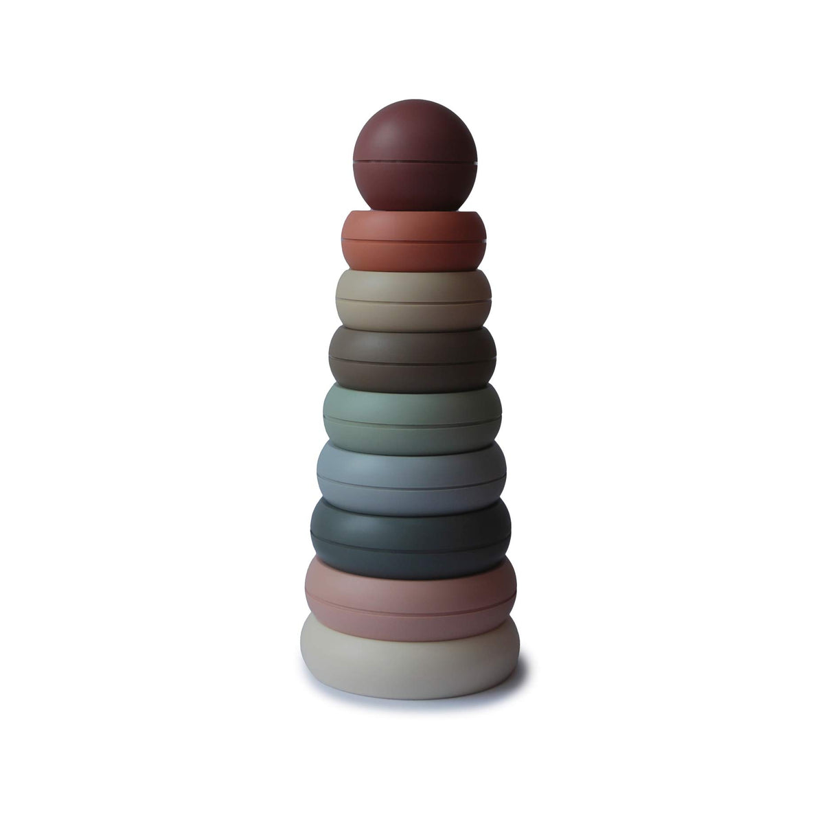 Mushie stacking rings toy in varied colors enhances grip and visual focus for babies.