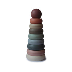 Mushie stacking rings toy in varied colors enhances grip and visual focus for babies.