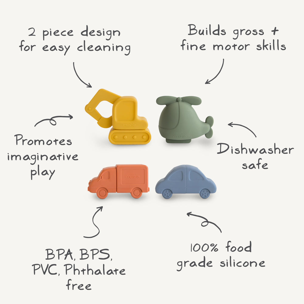 Mushie bath-time toy set: mold-free design and quick drying.