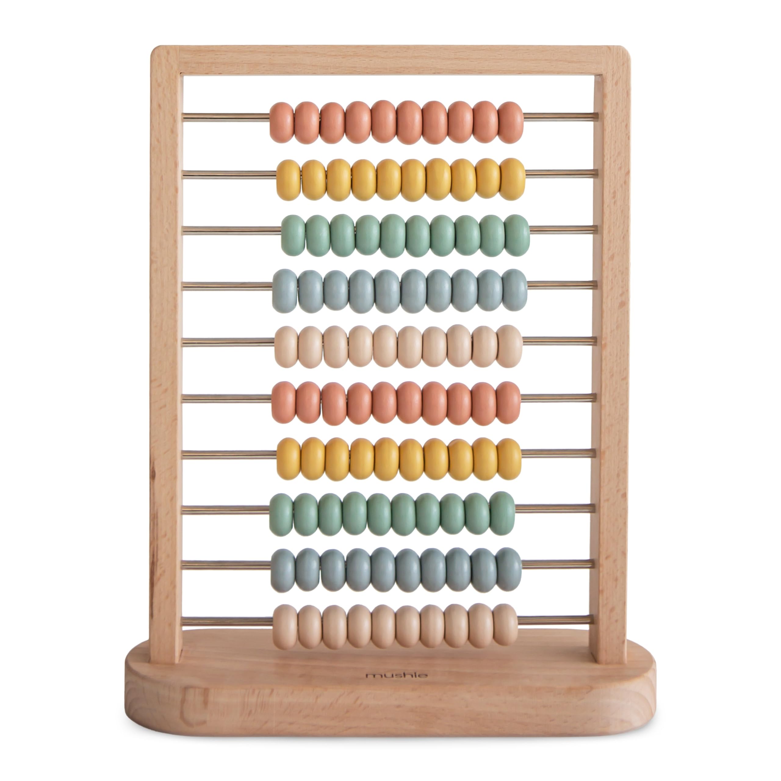 Mushie wooden abacus beads glide smoothly for counting and color sorting.