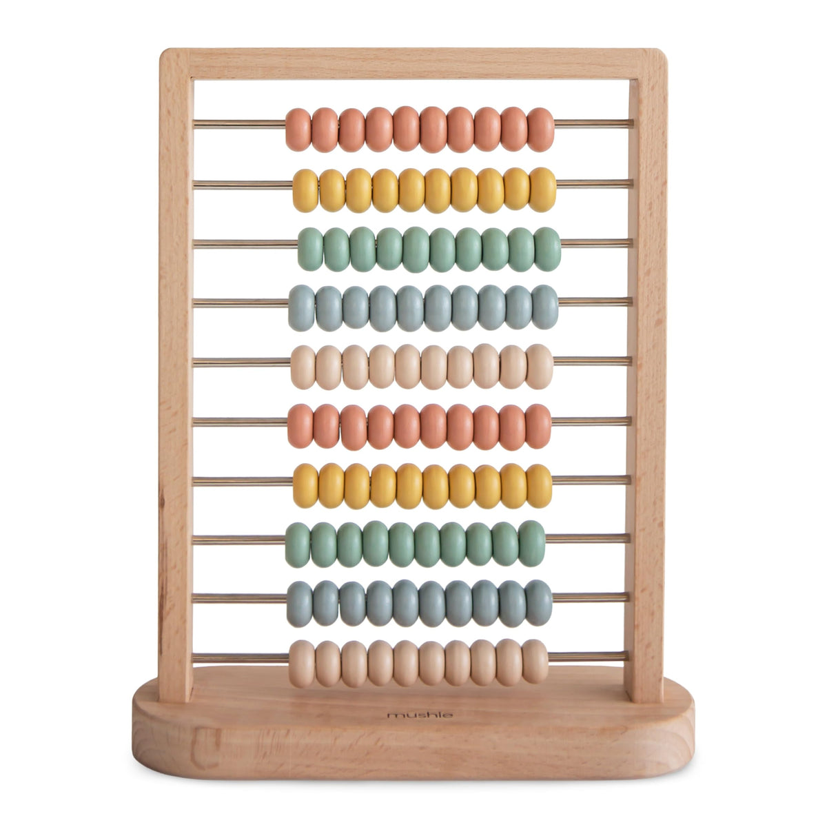 Mushie wooden abacus beads glide smoothly for counting and color sorting.