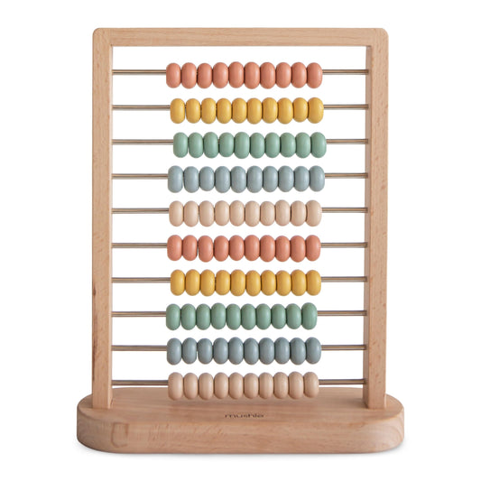 Mushie wooden abacus beads glide smoothly for counting and color sorting.