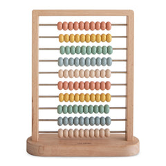 Mushie wooden abacus beads glide smoothly for counting and color sorting.