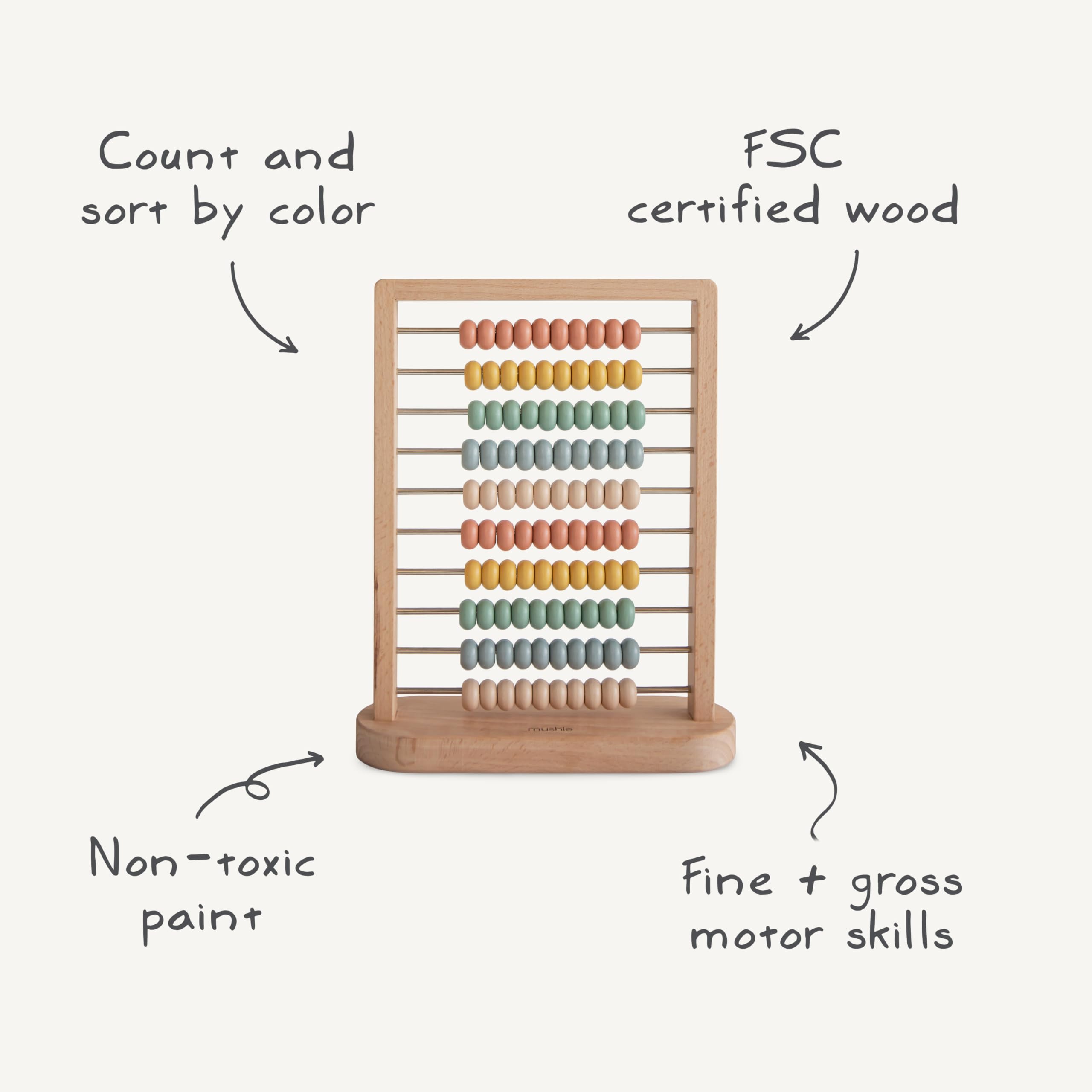 Mushie abacus wooden rails form a sturdy frame for hands-on learning.