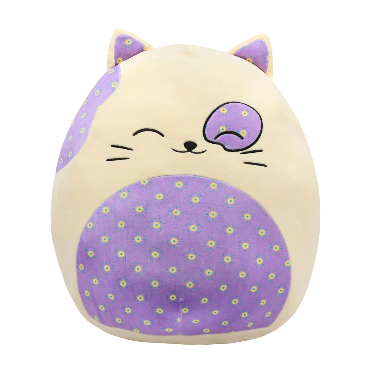 Mushymallow 20-inch cat pillow with floral belly for cozy cuddling and support.