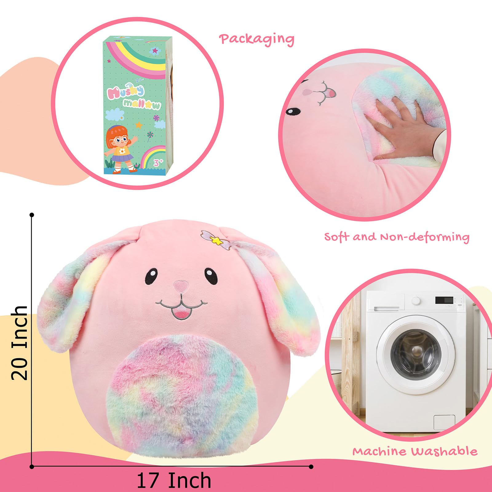 Mushymallow bunny with long pink ears provides soft decor and plush comfort.