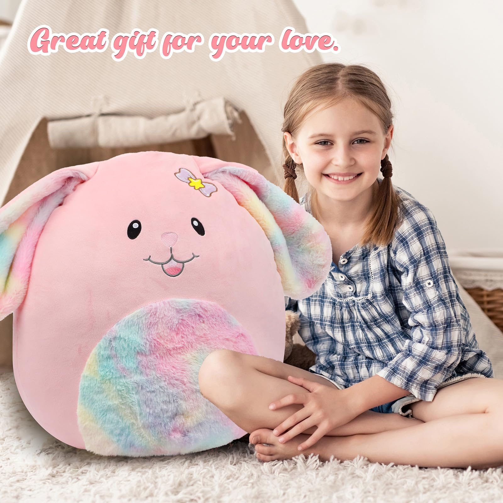 Mushymallow bunny on a sofa as a plush decorative cushion.