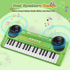 MusicForset 37-key green keyboard in action, encourages creative musical play.