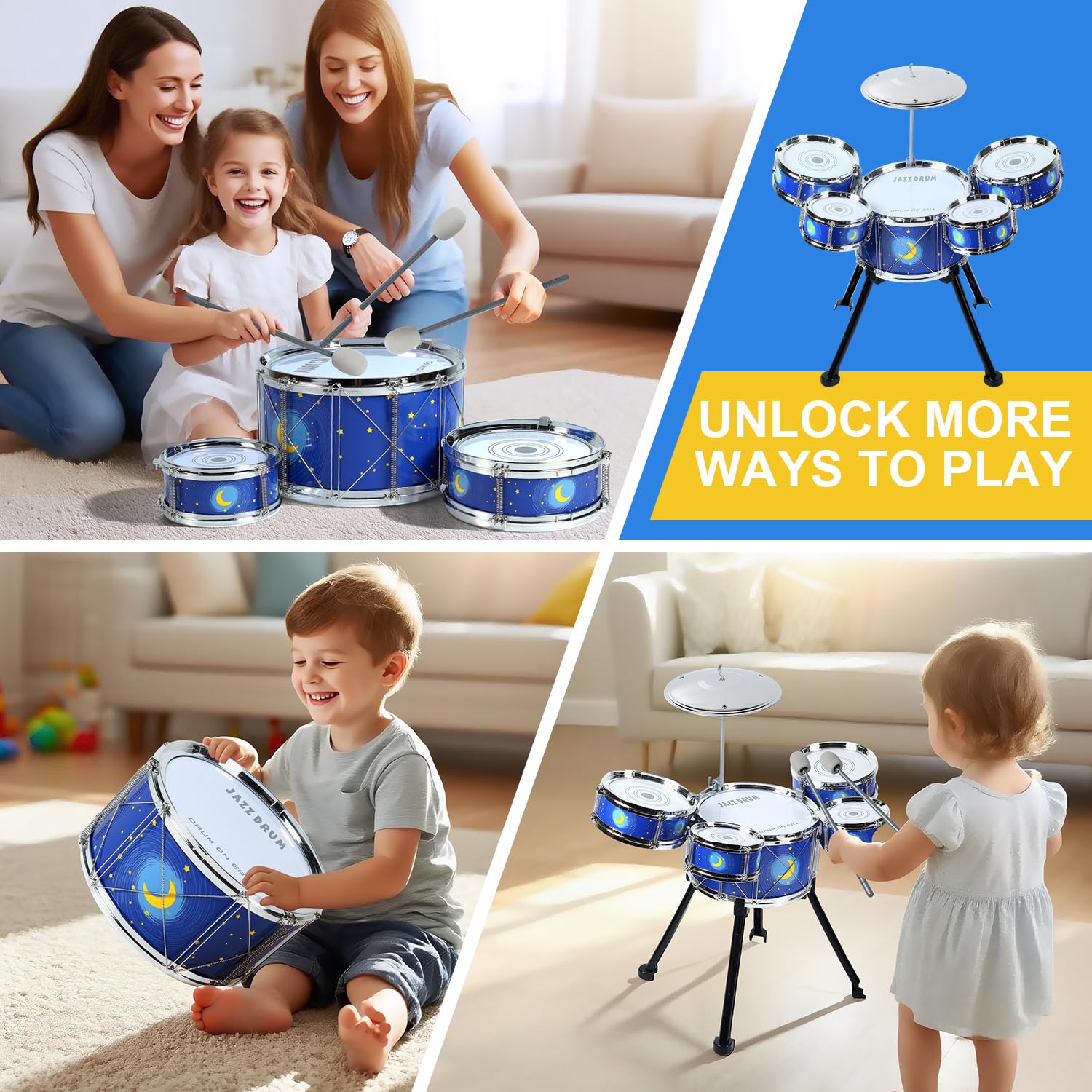 MusicForset drumset includes a sturdy stool for comfortable seating.
