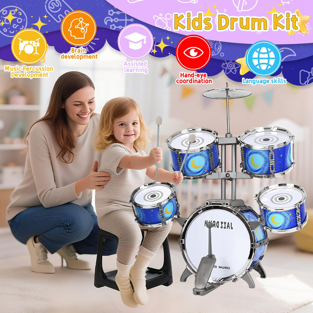 MusicForset kids drum set assembly guide image, simple setup video link eases parent-child creation.