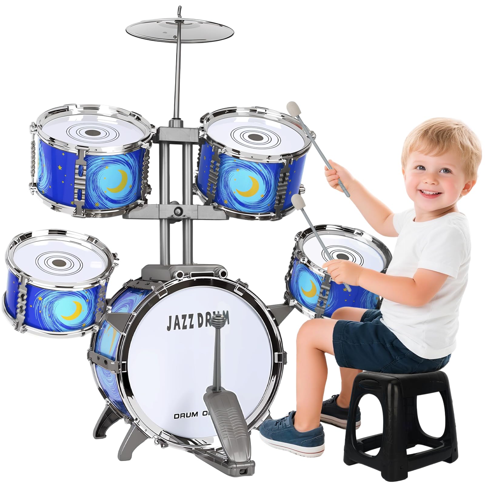 MusicForset kids drum set side view, ideal entry-level percussion for toddlers' rhythm and coordination.
