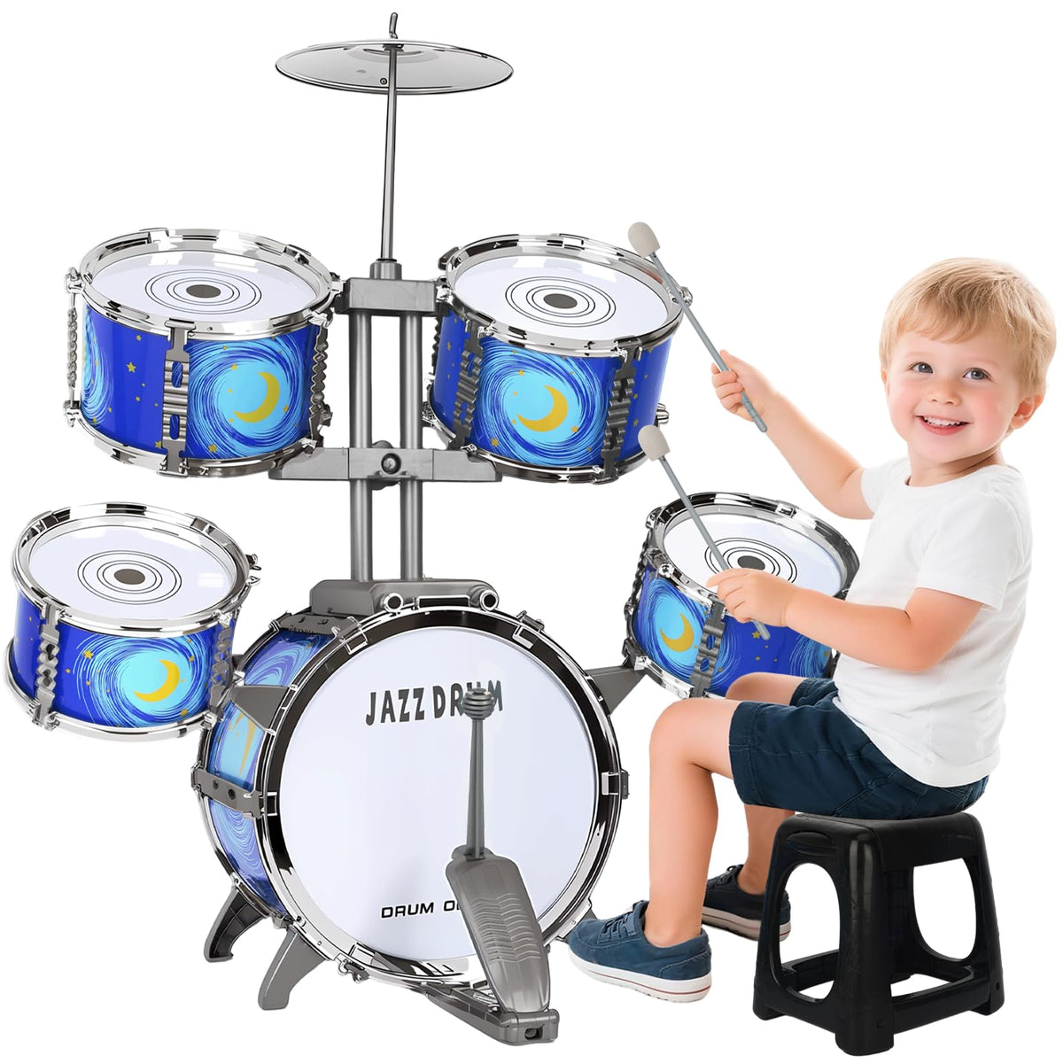 MusicForset kids drum set side view, ideal entry-level percussion for toddlers' rhythm and coordination.