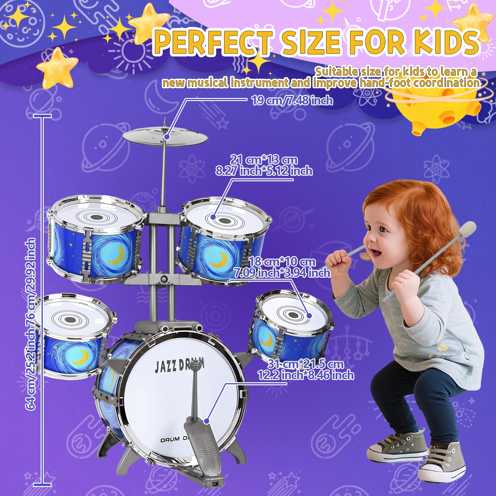 MusicForset kids drum set tilted drum close-up, ergonomic design supports comfortable early drum practice.
