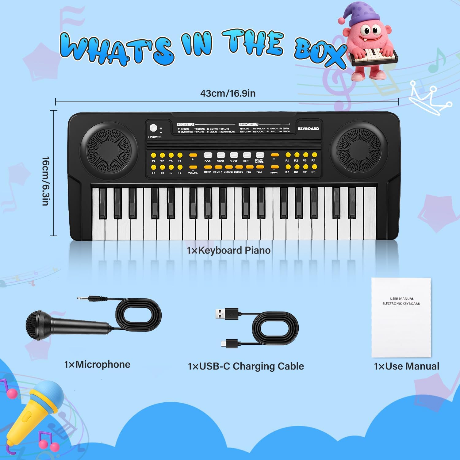 MusicForset kids piano control panel shows volume, tempo, and recording options.