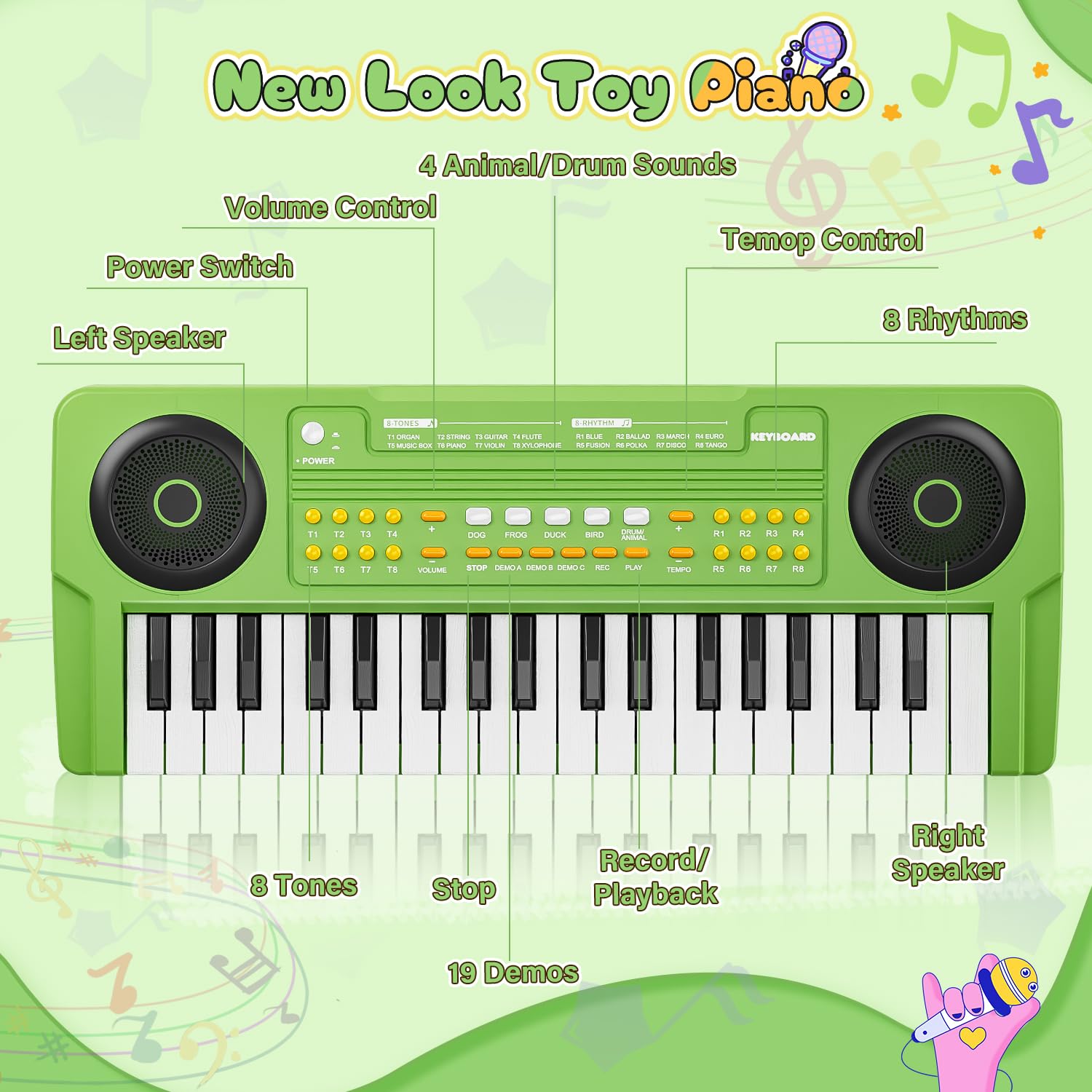 MusicForset kid playing the keyboard with friends, dual speakers enhance sound clarity.