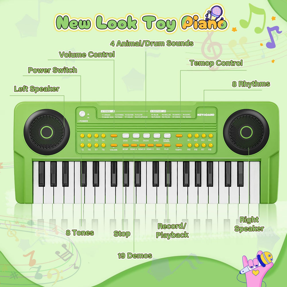 MusicForset kid playing the keyboard with friends, dual speakers enhance sound clarity.