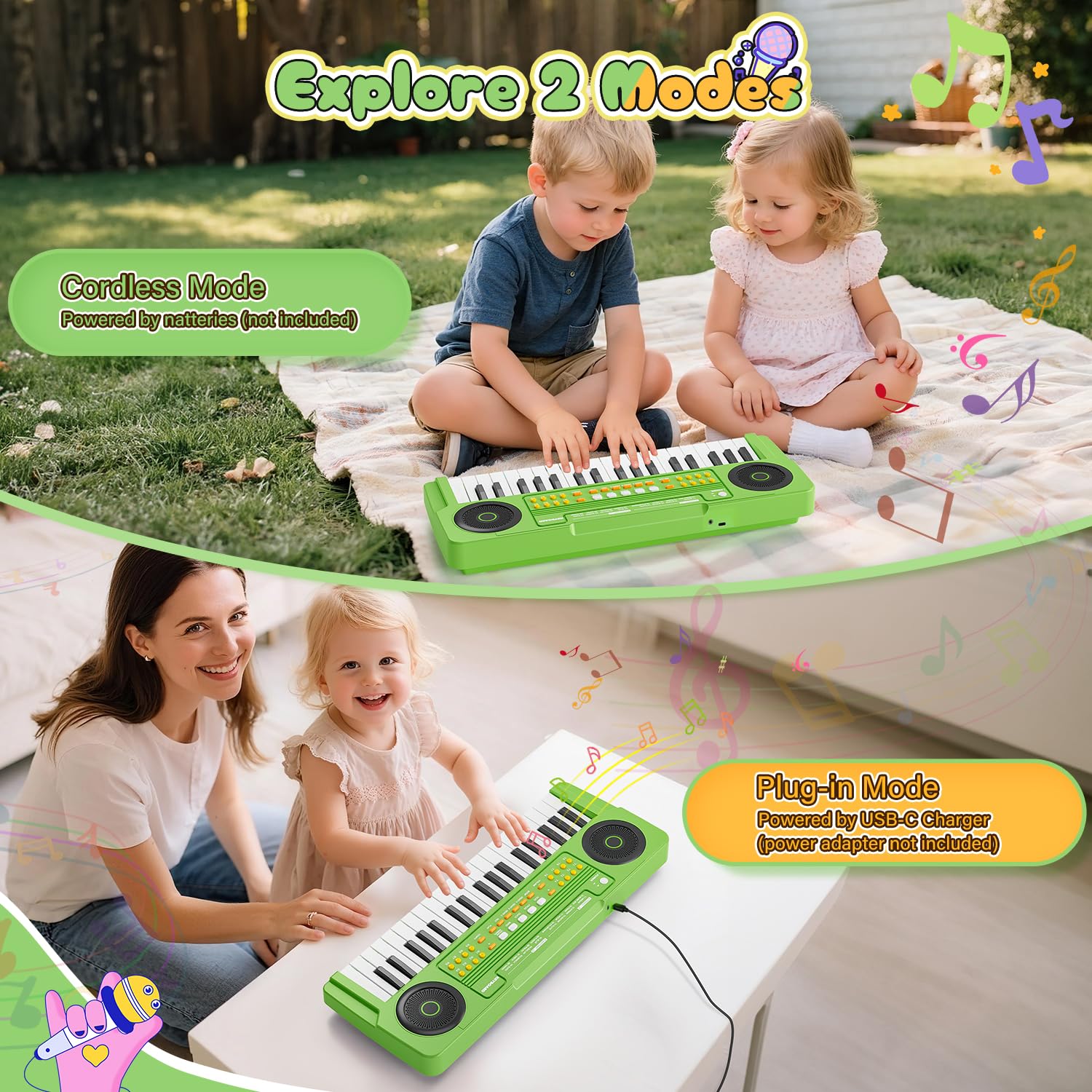 MusicForset kid's piano keyboard with microphone, ready for mini concerts and singing alongs.