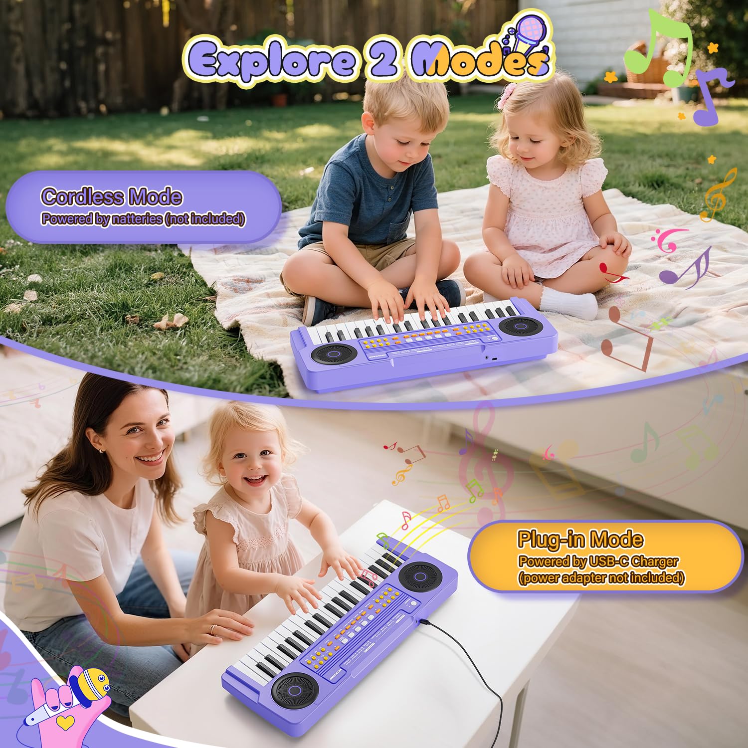MusicForset kids piano purple with microphone, front view, ideal for sing-along practice.