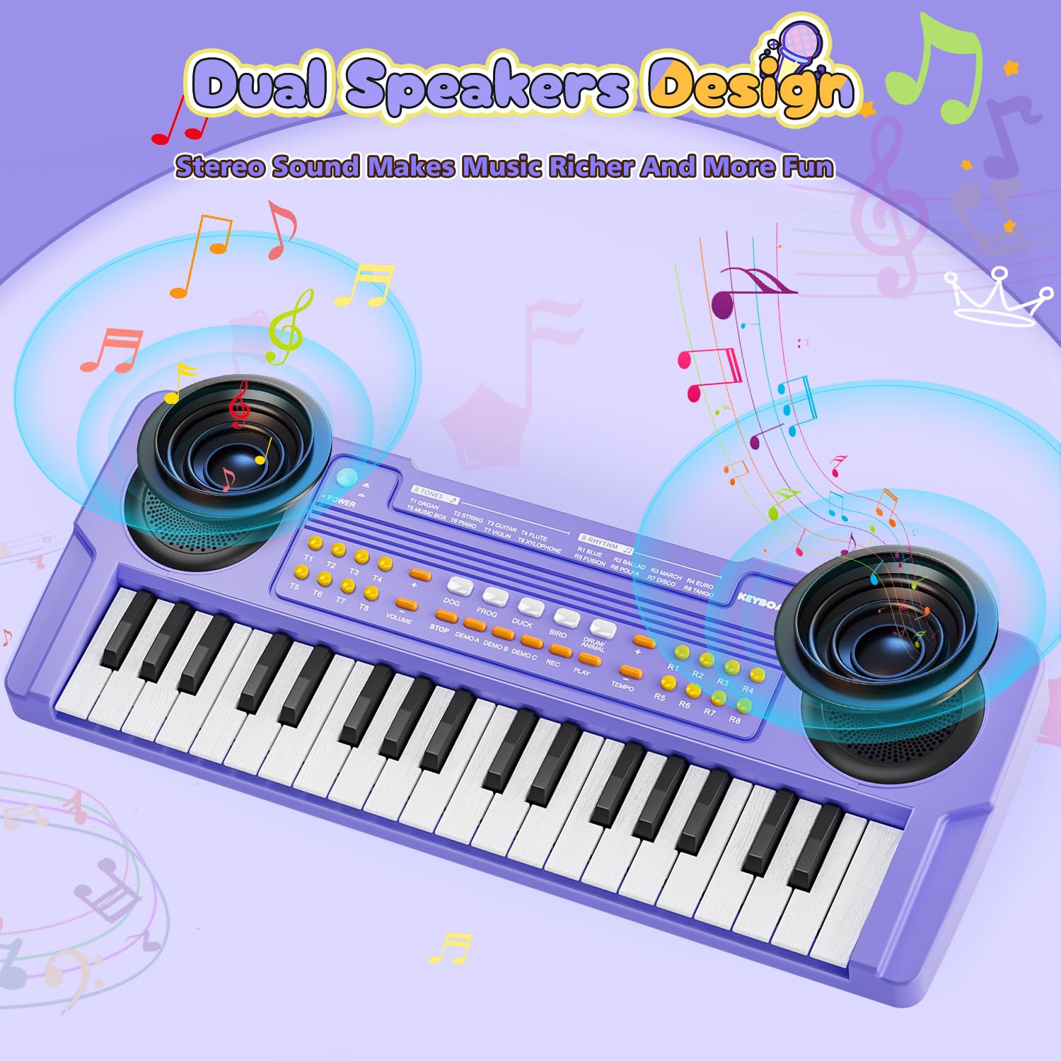 MusicForset USB-C connection purple kids piano, easy charging and setup.