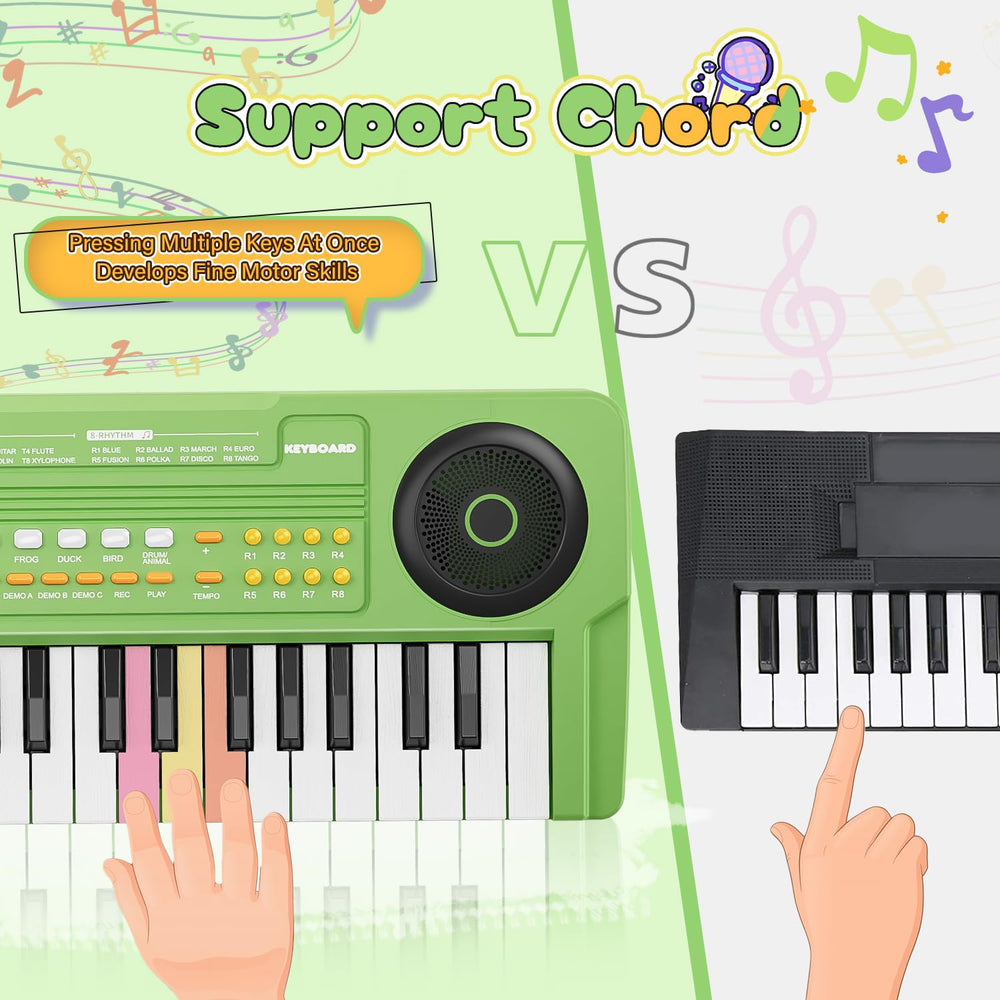 MusicForset upgraded 37-key keyboard for kids, side view, compact design for small hands.