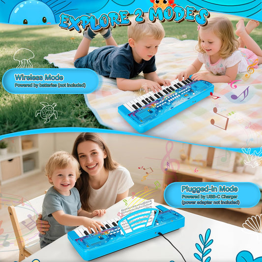 MusicForset upgraded 37-key kids piano side view shows compact portable design.