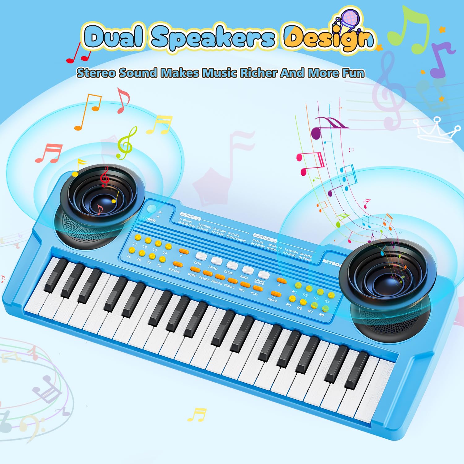 MusicForset 3-AAs or USB-C powered blue keyboard for portable play anywhere.