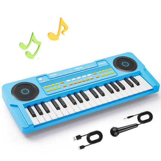 MusicForset upgraded 37-key kids piano front view in blue for imaginative play and early musical exploration.