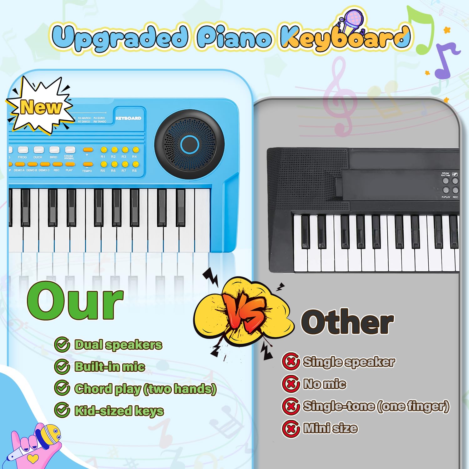 MusicForset blue piano with built-in microphone enables mini concerts and creative singing.