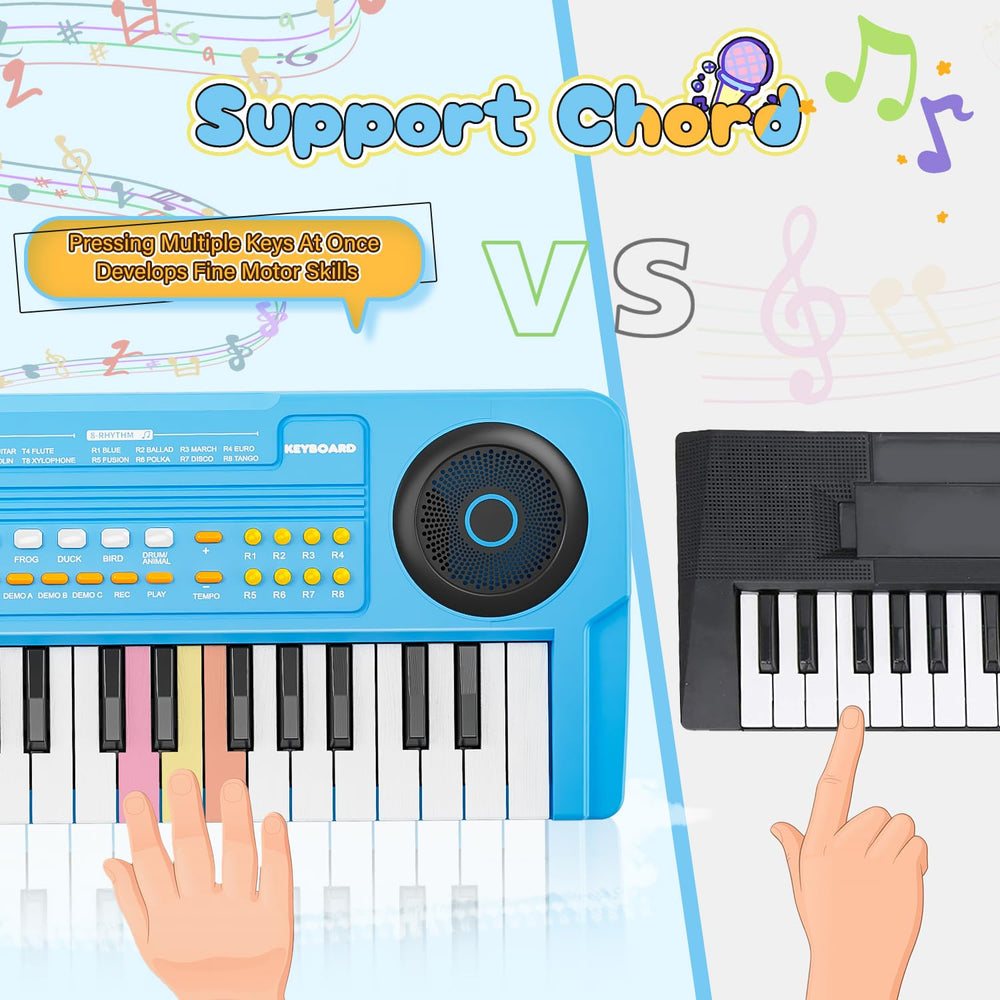 MusicForset upgraded 37-key kids piano side angle blue highlight portable design for on-the-go learning.